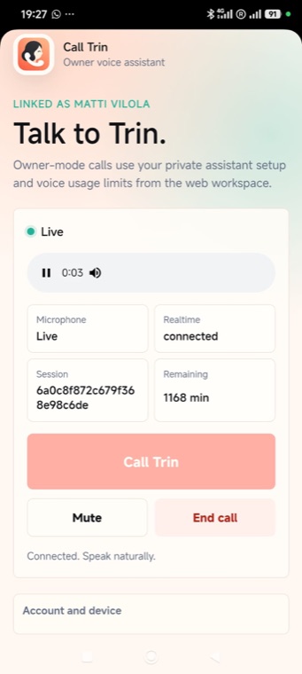 Call Trin Android app showing a live owner-mode voice call