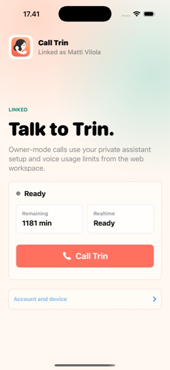 Call Trin iPhone app showing the linked owner call screen ready to start